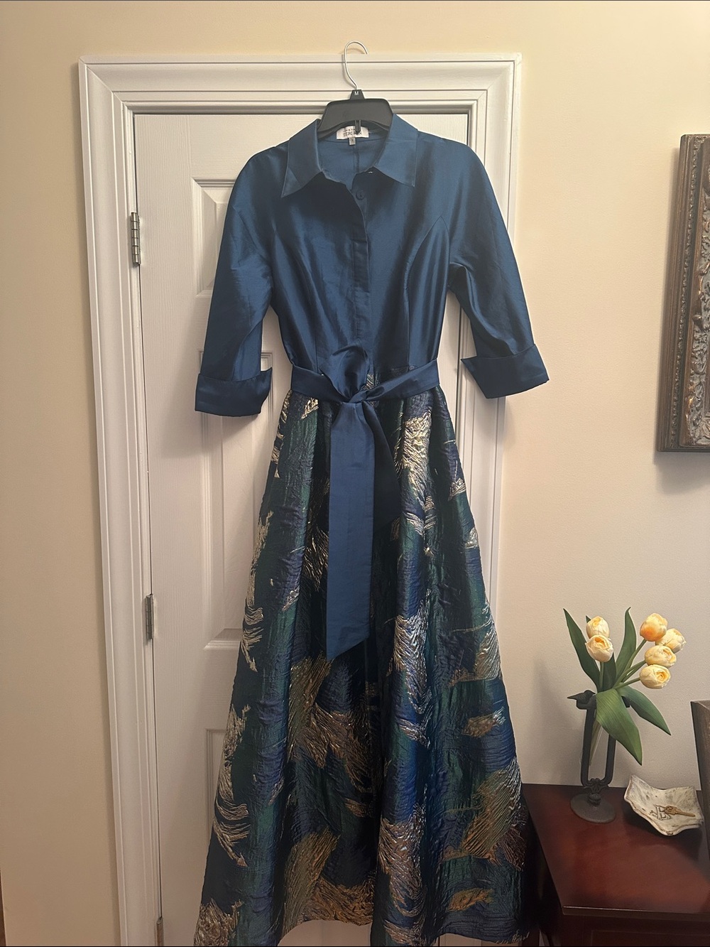 Teri Jon Teal Shirt Dress with Gold Brocade Skirt - Picture 6 of 6